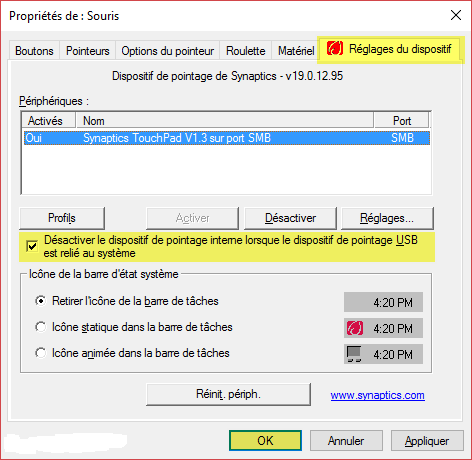Comment désactiver le TouchPad quand la souris USB est branchée