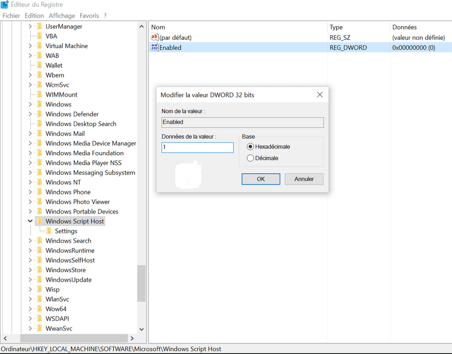 RegEdit Windows Script Host Comment activer l’accès à Windows Script Host sur Windows 10/8/7