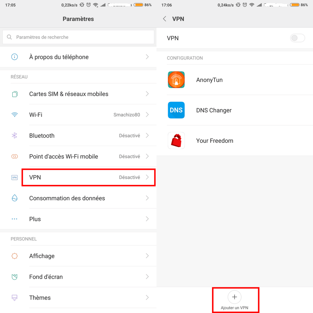 Parametres VPN Android