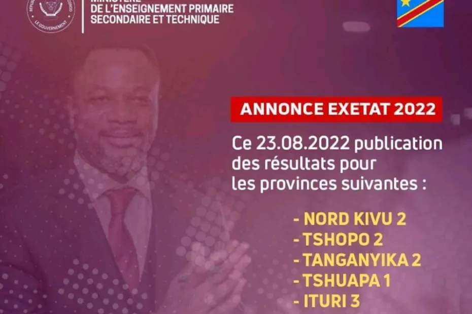 26 meilleurs lauréats EXETAT 2022 pour les provinces Tanganyika 2, Nord-Kivu 2, Ituri 3, Tshopo 2 et Tshuapa 1