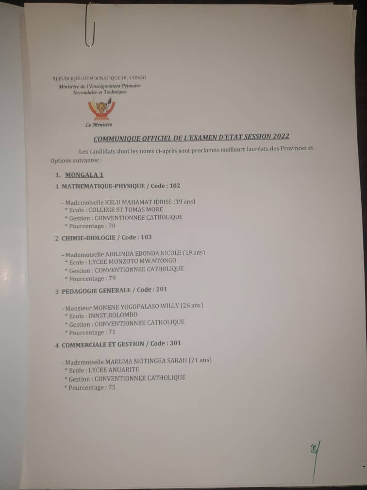 Résultats EXETAT 2022 pour Tshangu / Kinshasa : Deux lauréats ex-aequo dans la Tshangu avec 84% (Tous deux)