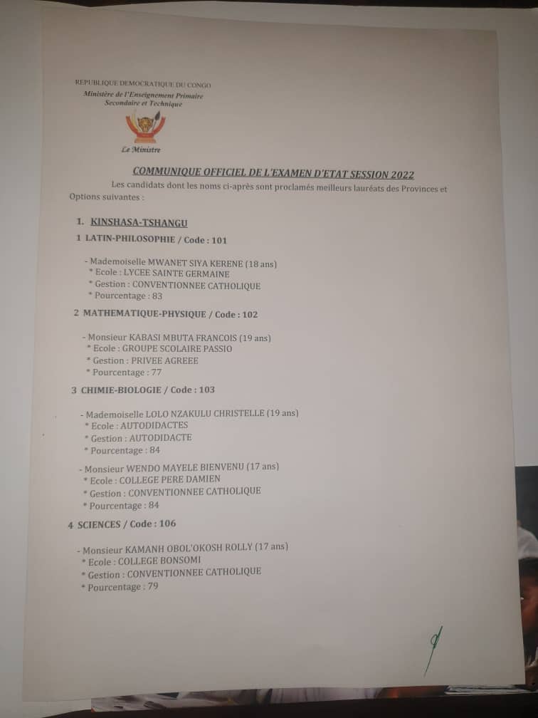 Résultats EXETAT 2022 pour Tshangu / Kinshasa : Deux lauréats ex-aequo dans la Tshangu avec 84% (Tous deux)