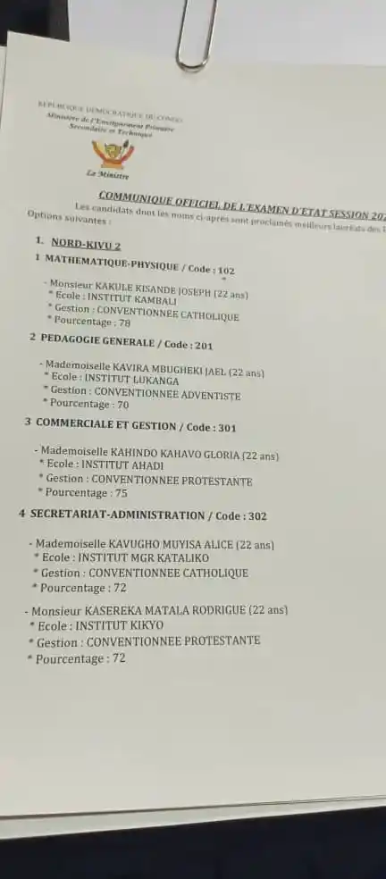 Voici les meilleurs lauréats EXETAT 2022 de l'Ituri 3, Tshopo 2, Tshuapa 1, Nord-Kivu 2 et Tanganyika 2