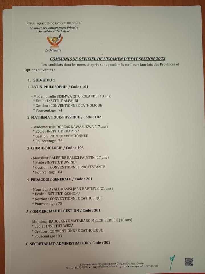 Voici les lauréats EXETAT 2022 du Mai-Ndombe 1