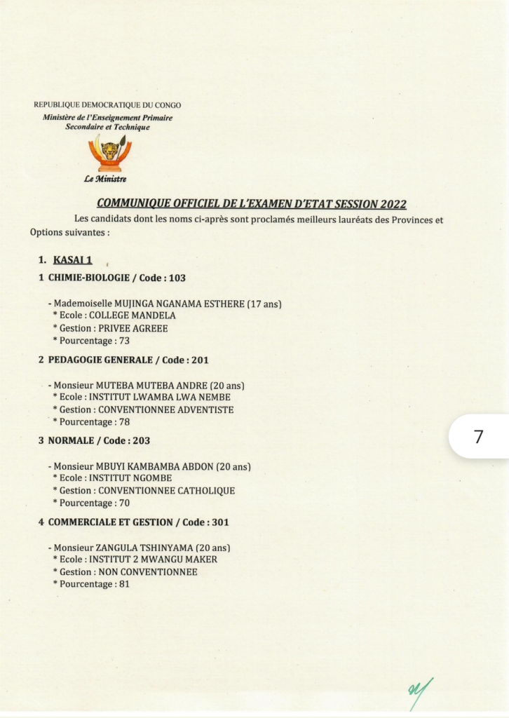 Les résultats EXETAT 2022 du Kasaï 1 sont disponibles et consultables ici